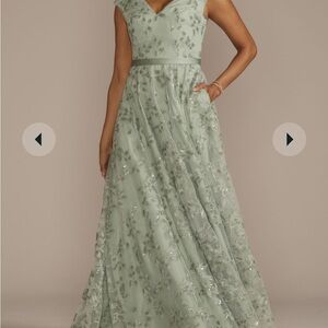 OLEG CASSINI sequin floral cap sleeve a-line dress in dusty sage, 12P